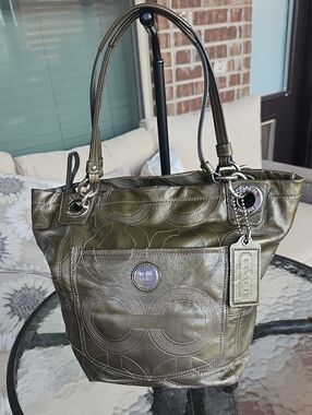 Coach Metallic Olive Green Signature‎ Tote